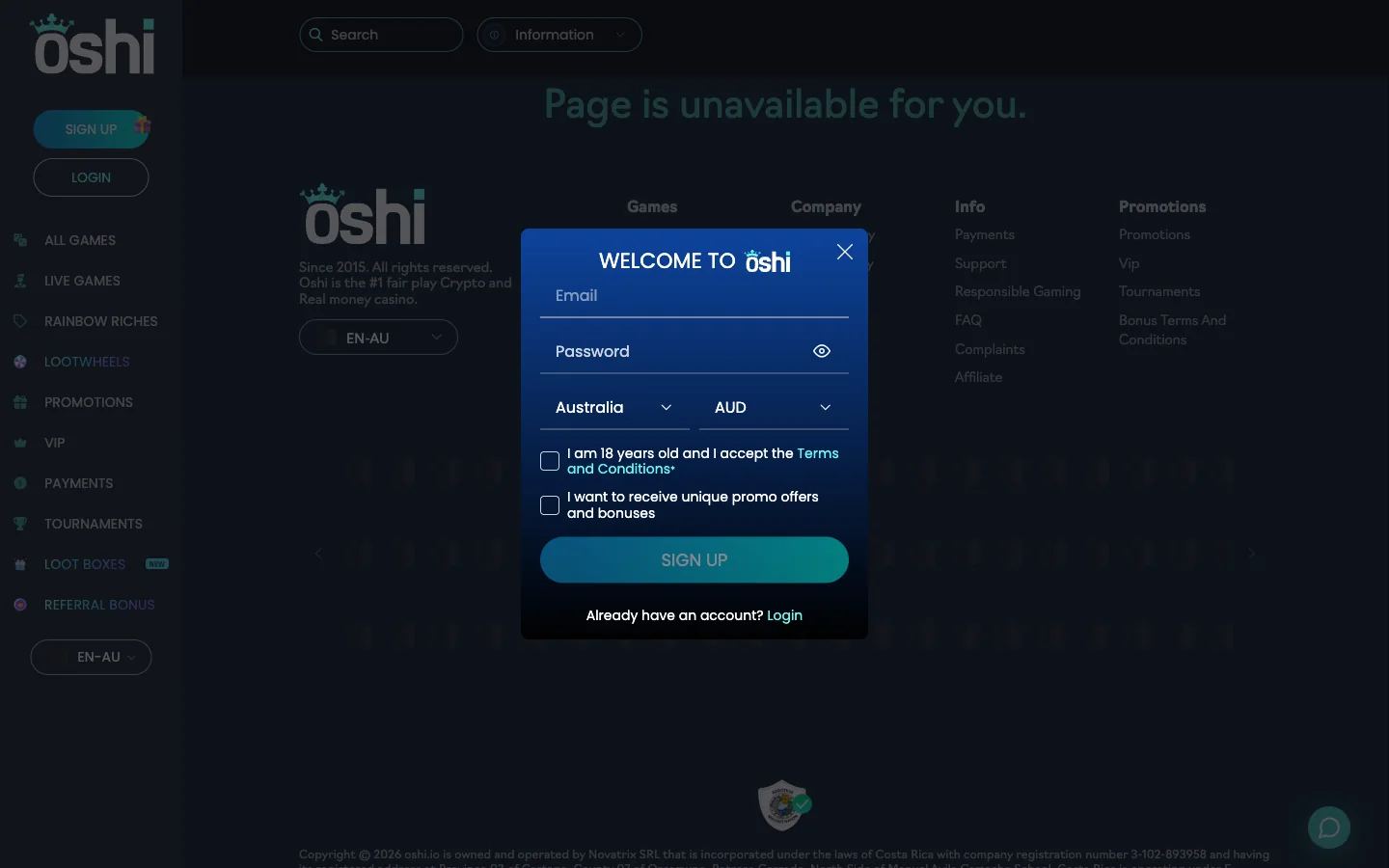 Oshi Casino sign up form for Australia with country set to Australia and currency set to AUD